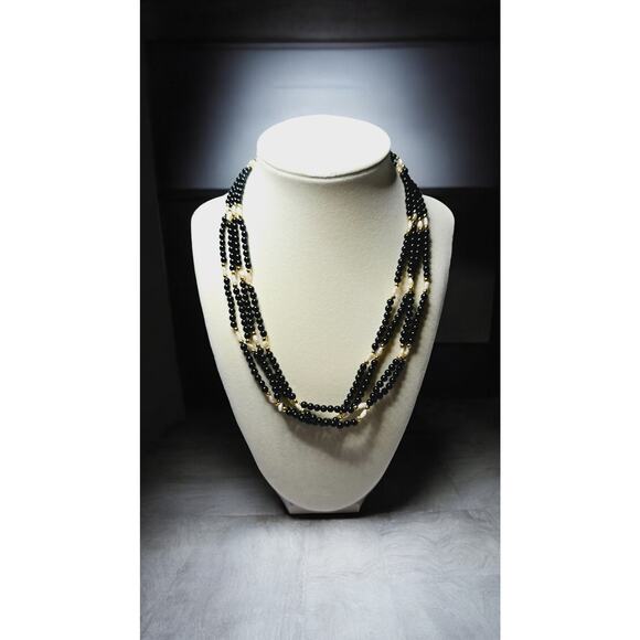 Vintage Black Round Beads, Rice Pearls and Gold Accents Multistrand Necklace - Picture 2 of 5